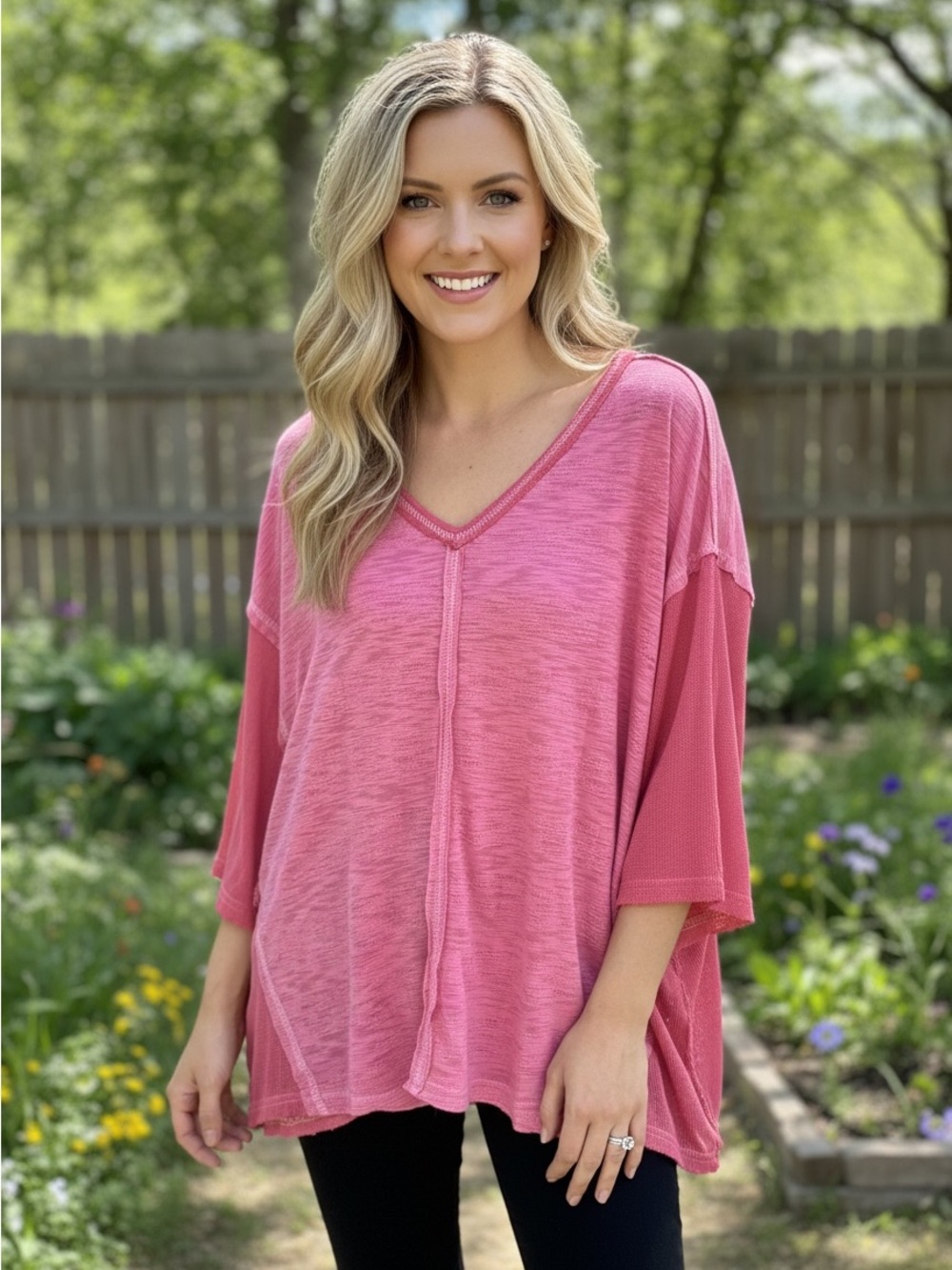 POL Relaxed V‑Neck Tunic in Rose Pink